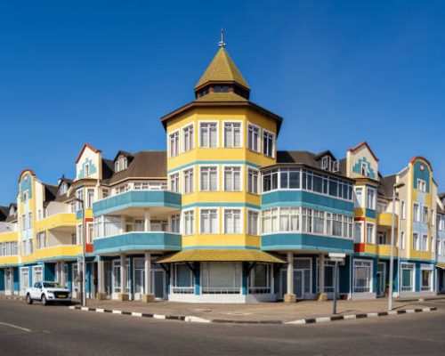 Colourful colonial buildings in Swakopmund, Namibia.